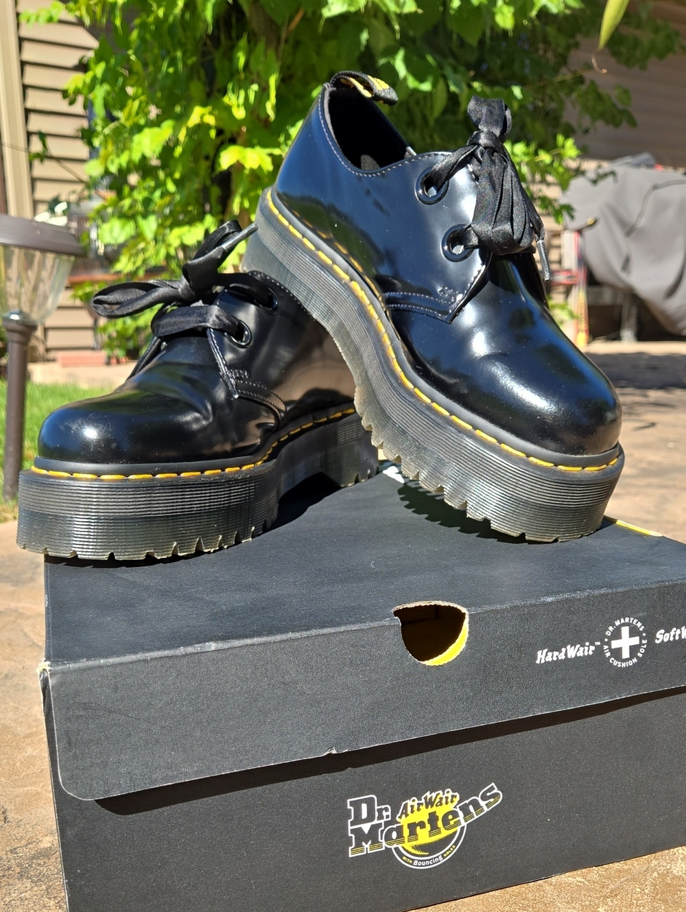 Dr. Martens Black Patent Chunky Platform Oxfords with Yellow Stitching